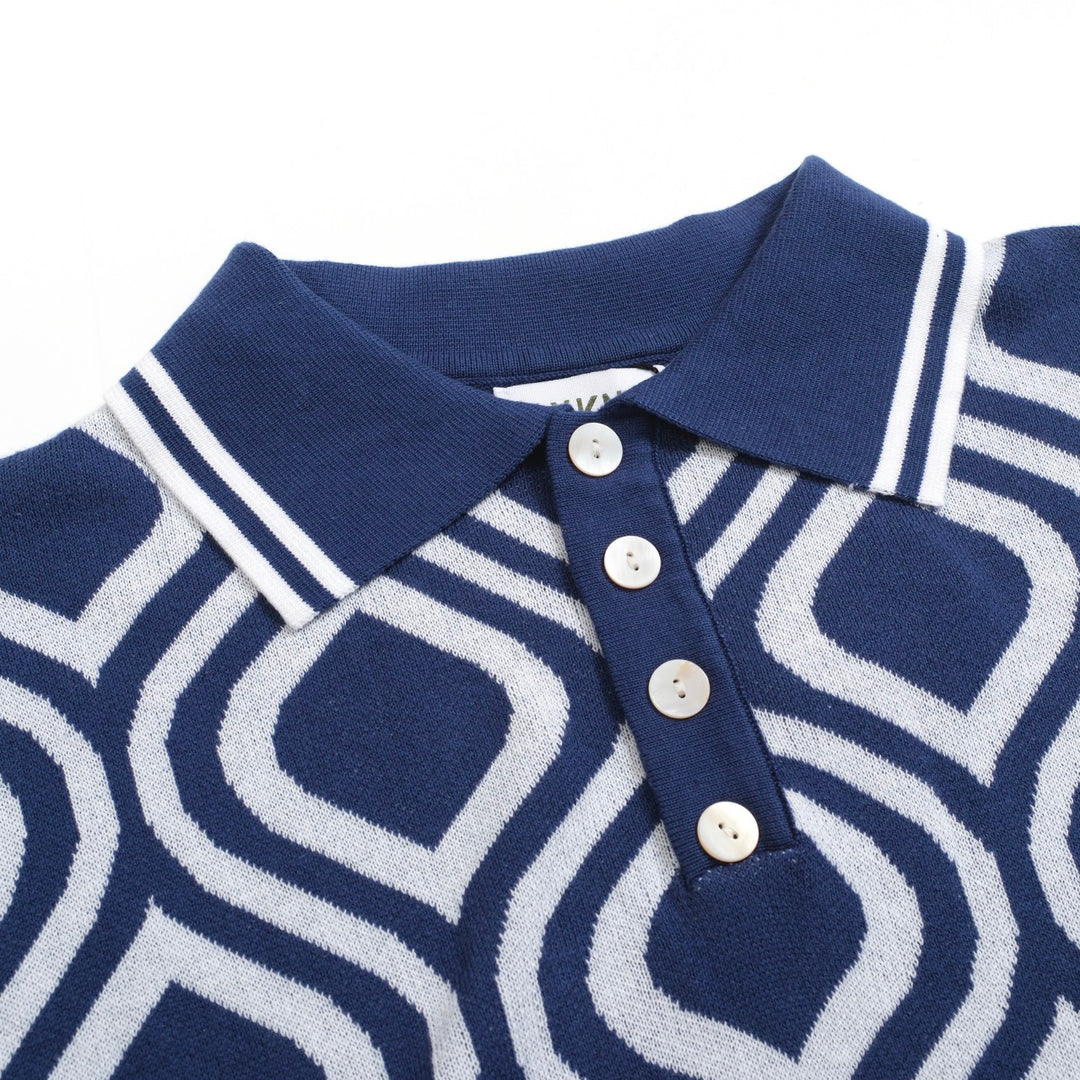 Men's Retro Knit Polo – Vintage Blue & White Geometric Button-Up