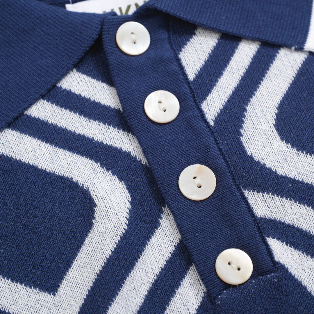 Men's Retro Knit Polo – Vintage Blue & White Geometric Button-Up