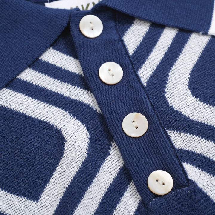 Herren Retro-Strickpolo – Vintage Blau & Weißes Hemd mit geometrischem Muster