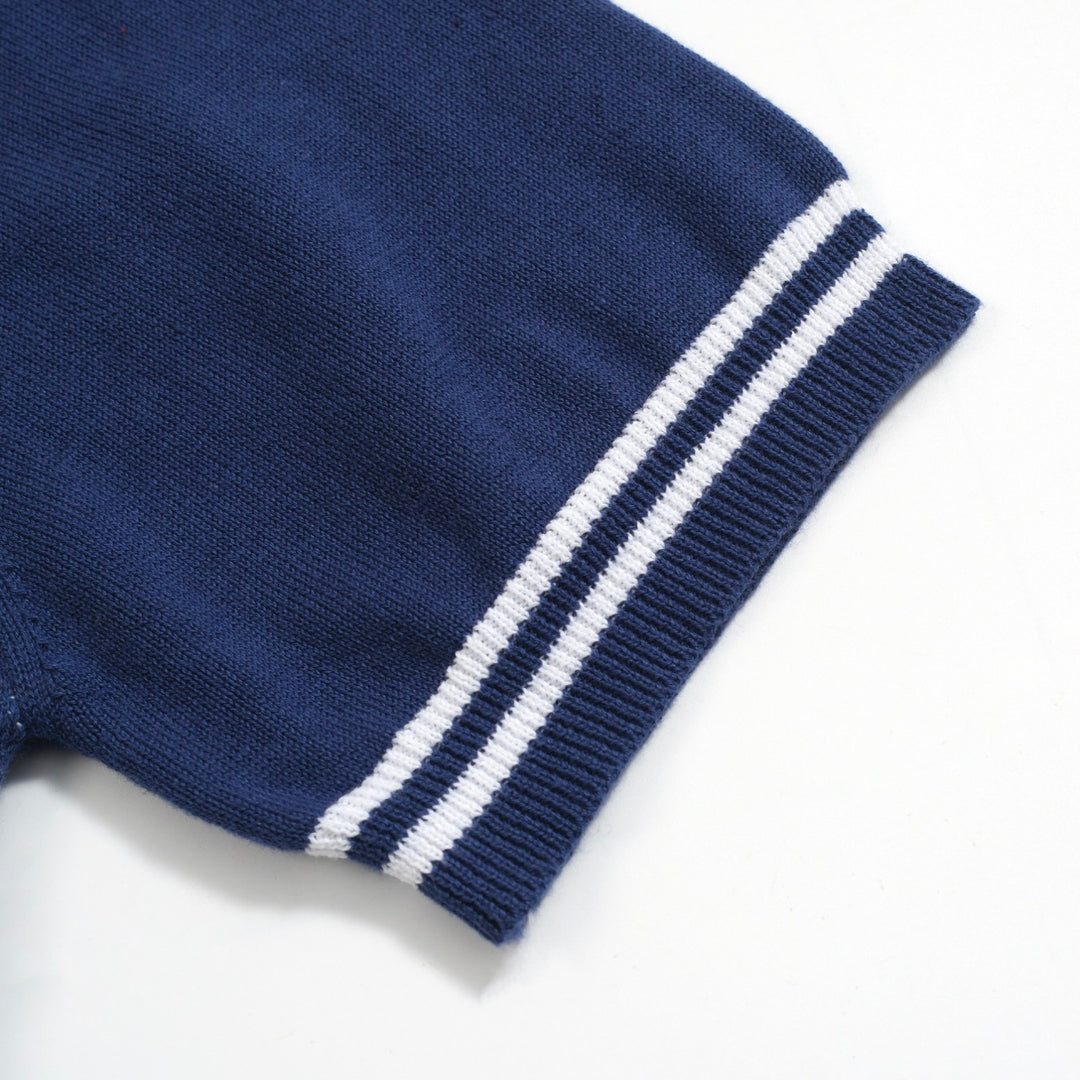 Men's Retro Knit Polo – Vintage Blue & White Geometric Button-Up