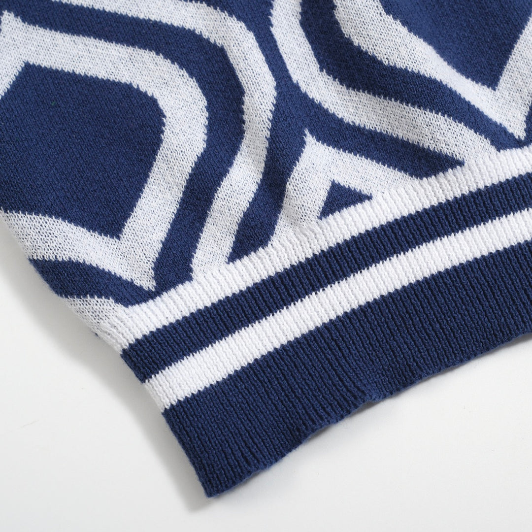 Men's Retro Knit Polo – Vintage Blue & White Geometric Button-Up