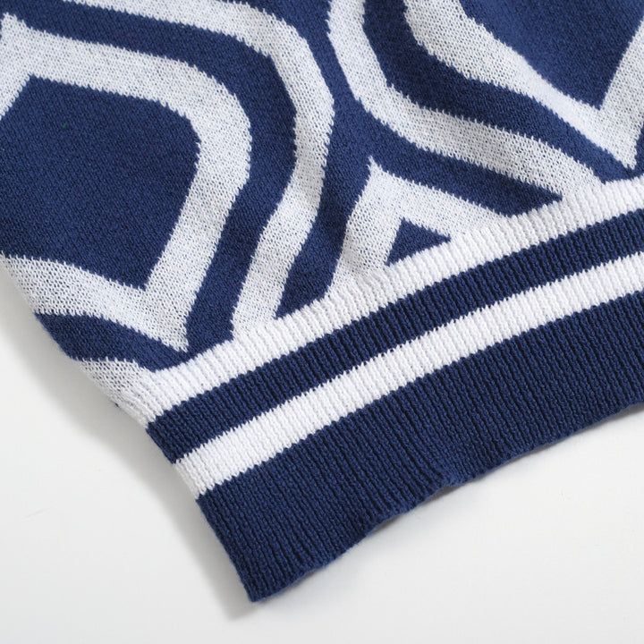 Herren Retro-Strickpolo – Vintage Blau & Weißes Hemd mit geometrischem Muster