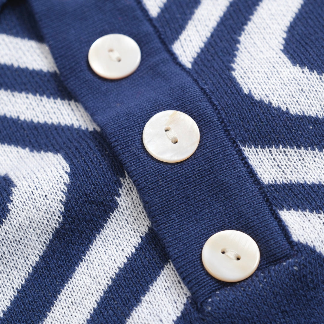 Men's Retro Knit Polo – Vintage Blue & White Geometric Button-Up
