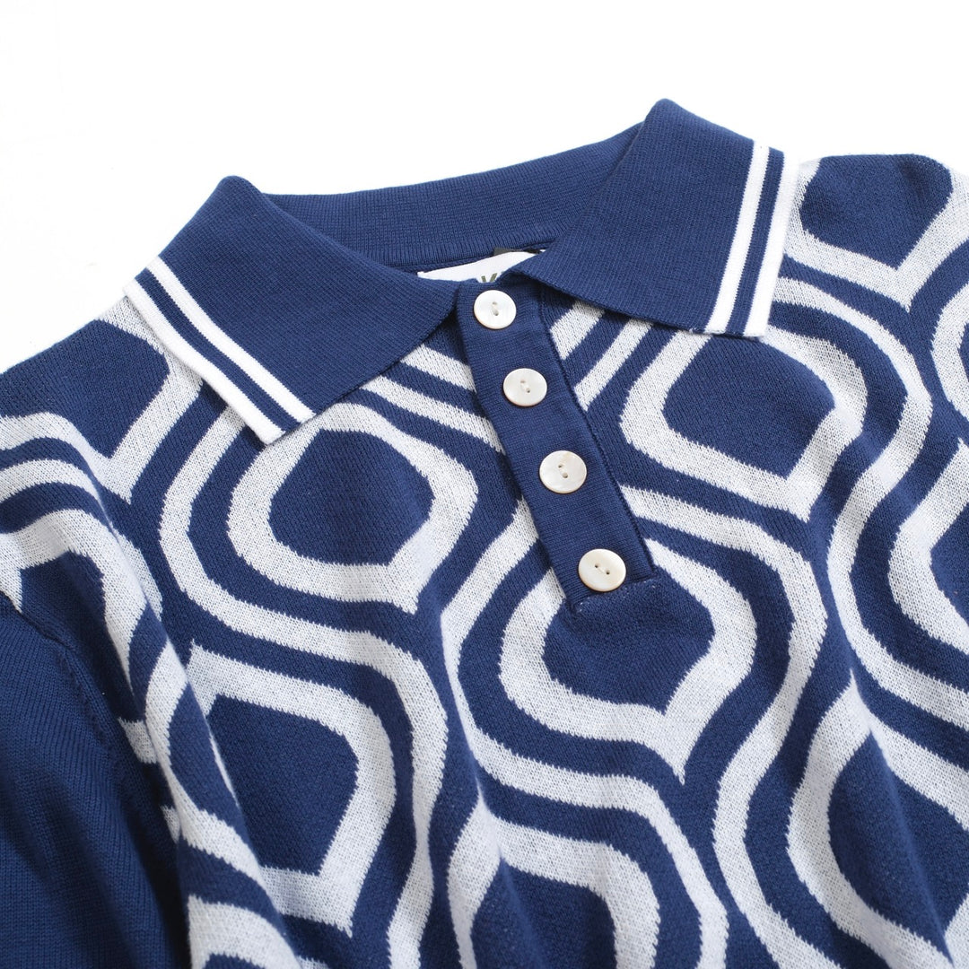 Men's Retro Knit Polo – Vintage Blue & White Geometric Button-Up