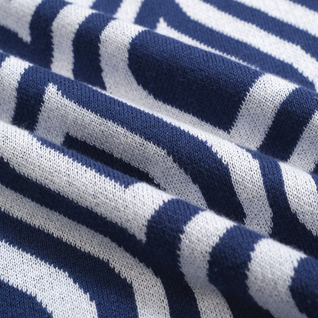 Men's Retro Knit Polo – Vintage Blue & White Geometric Button-Up