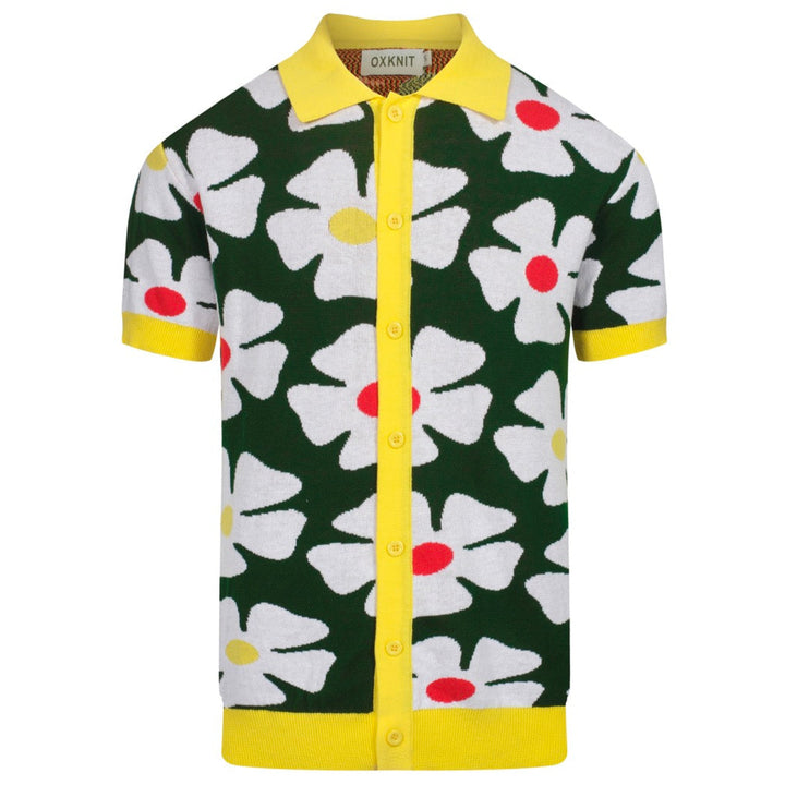 Men’s Retro Knit Shirt – Vintage Daisy Print Button-Up Polo in Green and Yellow