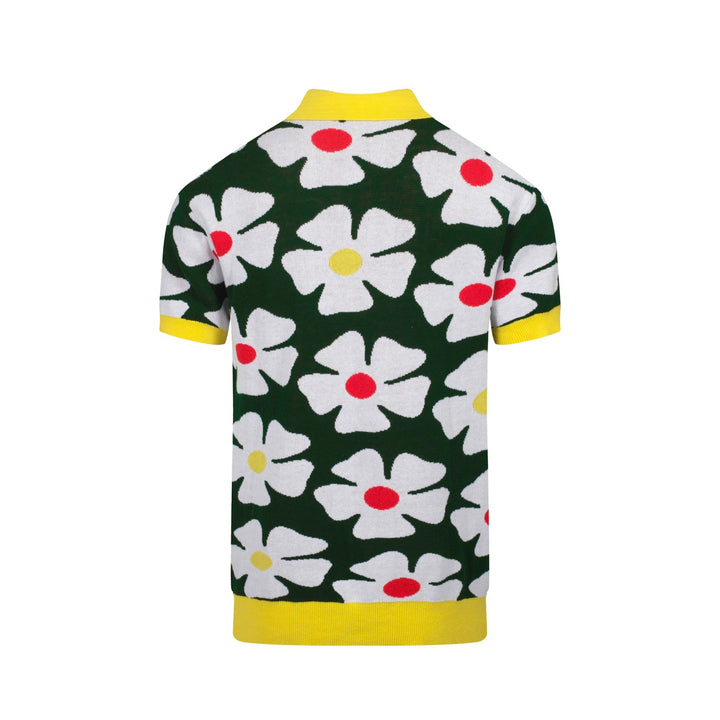 Men’s Retro Knit Shirt – Vintage Daisy Print Button-Up Polo in Green and Yellow