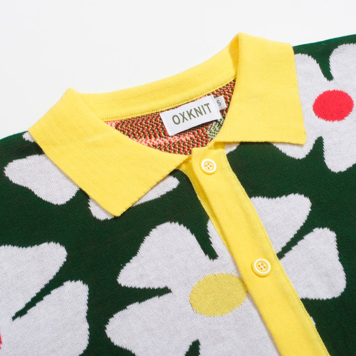Men’s Retro Knit Shirt – Vintage Daisy Print Button-Up Polo in Green and Yellow