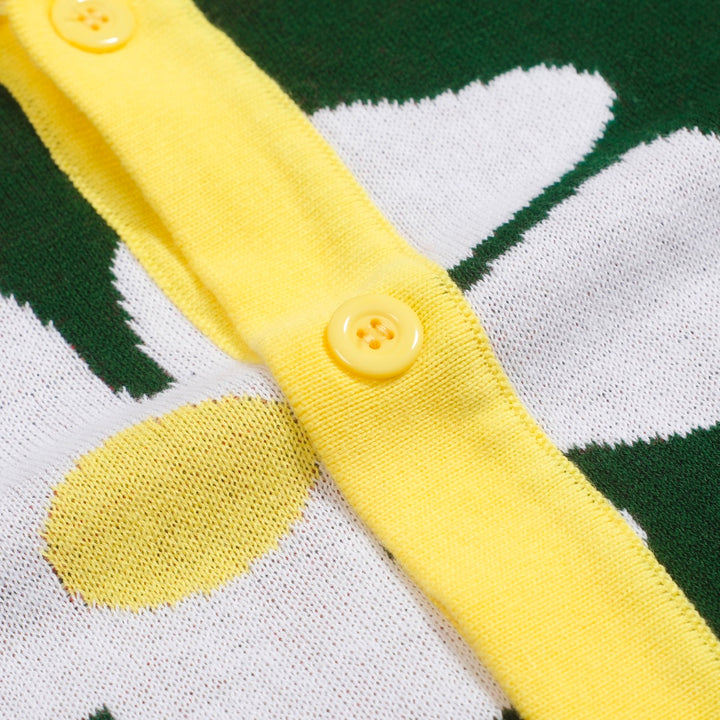 Men’s Retro Knit Shirt – Vintage Daisy Print Button-Up Polo in Green and Yellow