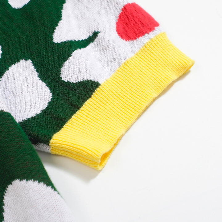 Men’s Retro Knit Shirt – Vintage Daisy Print Button-Up Polo in Green and Yellow