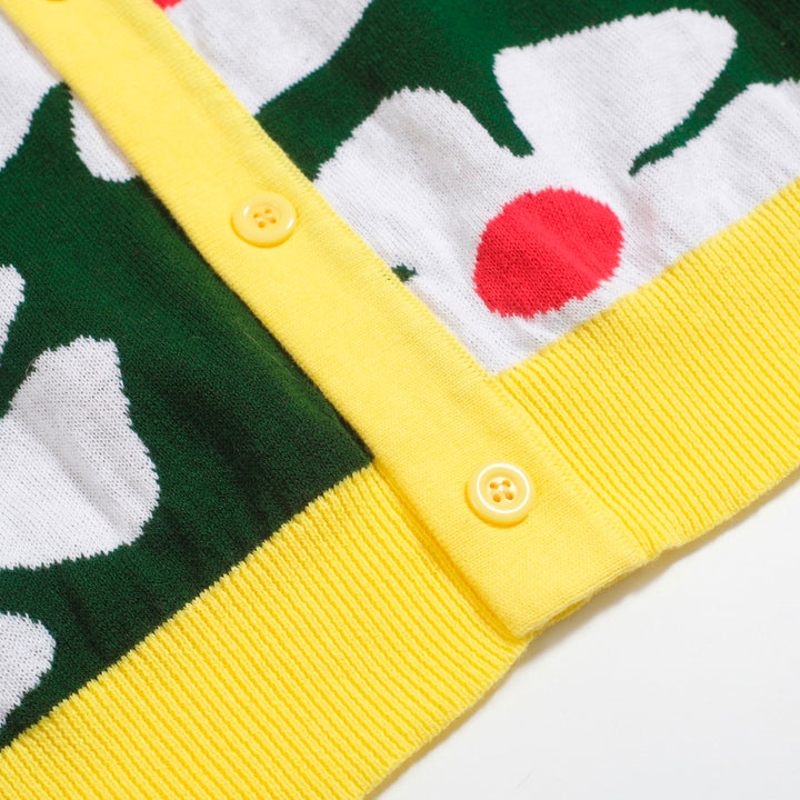 Men’s Retro Knit Shirt – Vintage Daisy Print Button-Up Polo in Green and Yellow