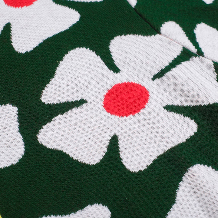 Men’s Retro Knit Shirt – Vintage Daisy Print Button-Up Polo in Green and Yellow