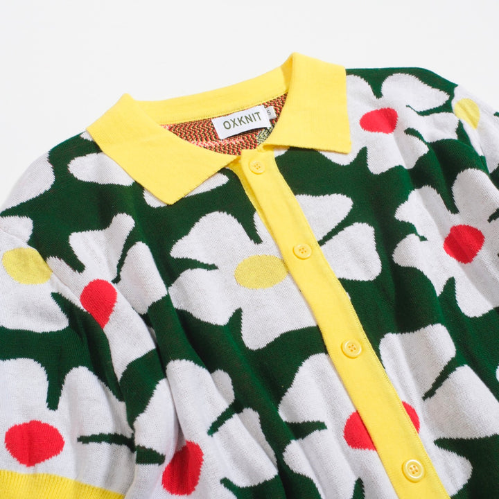 Men’s Retro Knit Shirt – Vintage Daisy Print Button-Up Polo in Green and Yellow