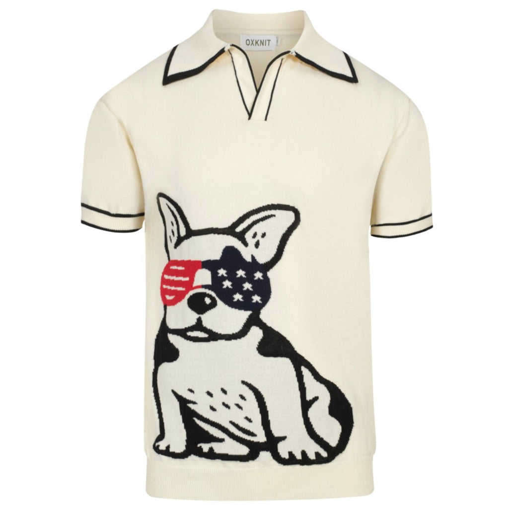 Men's Retro Knit Polo – Vintage Cream Button-Up with Bulldog Graphic