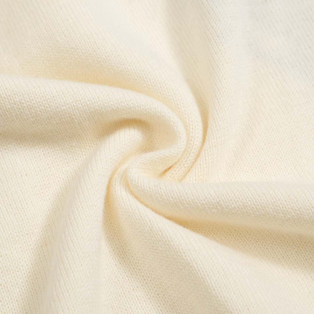 Men's Retro Knit Polo – Vintage Cream Button-Up with Bulldog Graphic