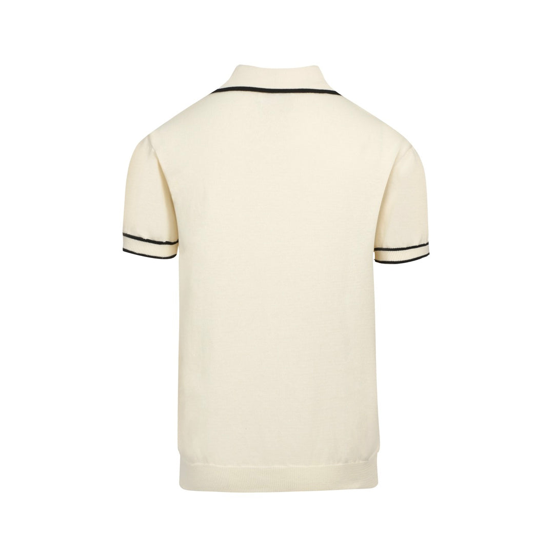 Men's Retro Knit Polo – Vintage Cream Button-Up with Bulldog Graphic