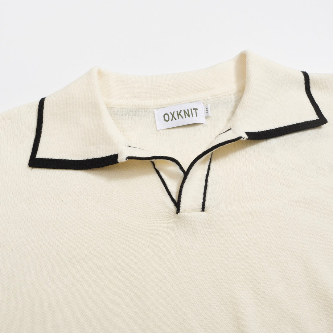 Men's Retro Knit Polo – Vintage Cream Button-Up with Bulldog Graphic