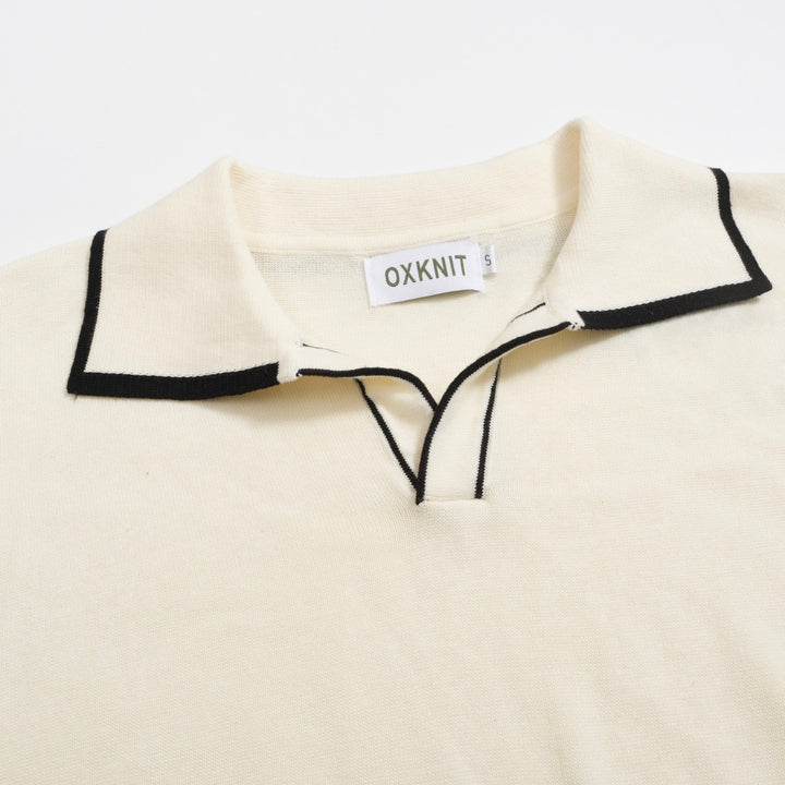 Men's Retro Knit Polo – Vintage Cream Button-Up with Bulldog Graphic