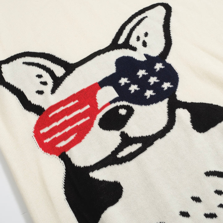 Men's Retro Knit Polo – Vintage Cream Button-Up with Bulldog Graphic