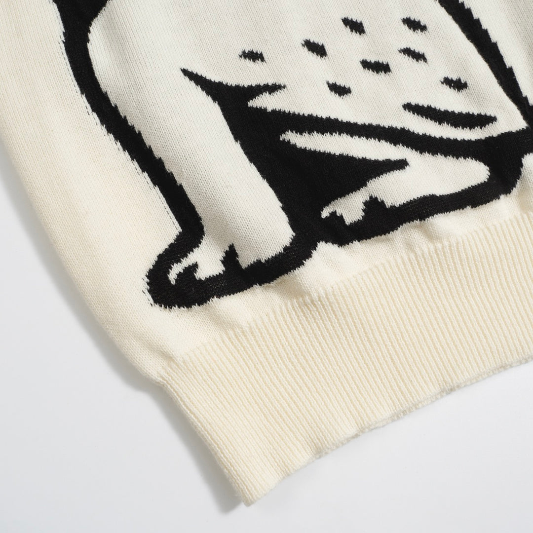 Men's Retro Knit Polo – Vintage Cream Button-Up with Bulldog Graphic