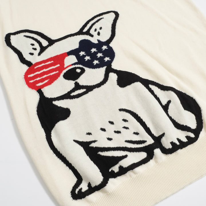 Men's Retro Knit Polo – Vintage Cream Button-Up with Bulldog Graphic