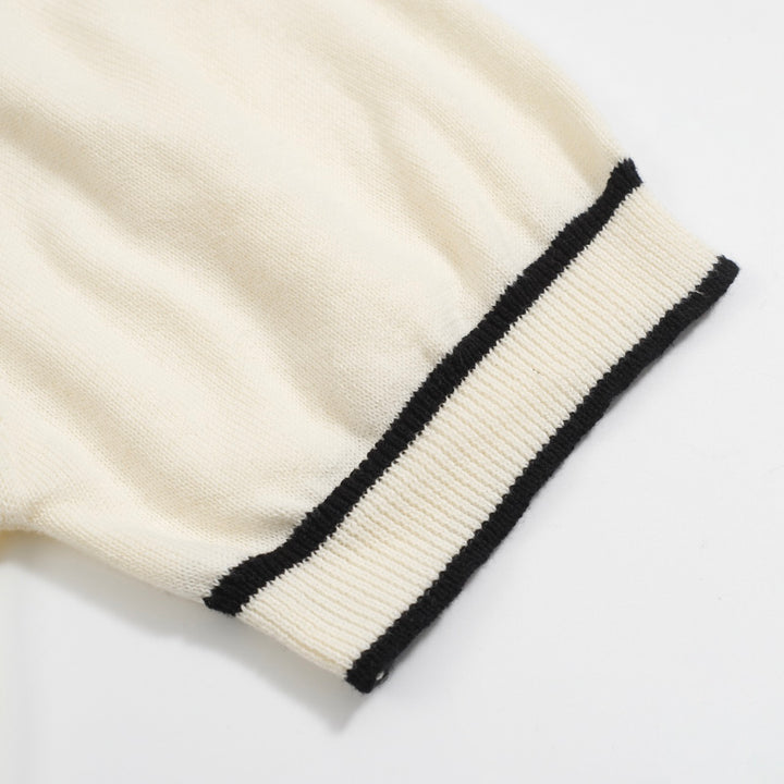 Men's Retro Knit Polo – Vintage Cream Button-Up with Bulldog Graphic