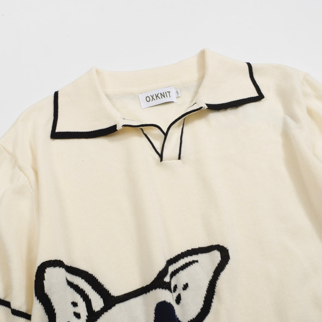 Men's Retro Knit Polo – Vintage Cream Button-Up with Bulldog Graphic
