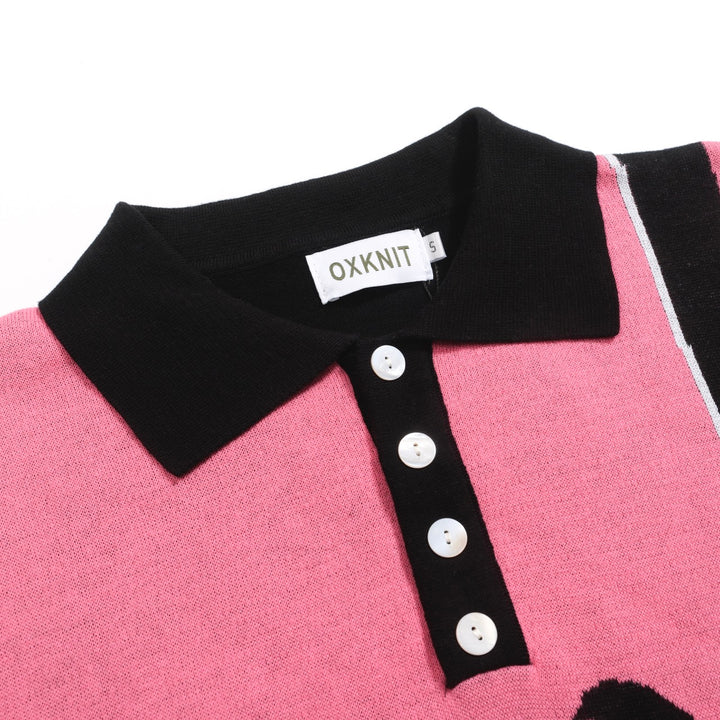 Men’s Retro Knit Shirt – Vintage Pink Button-Up Polo with Bird & Sunset Graphic