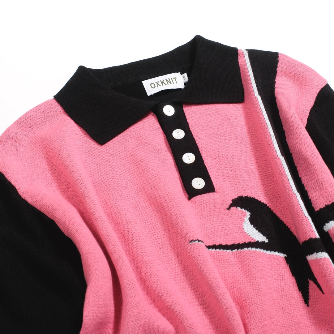 Herre Retro Strikskjorte – Vintage Pink Polo med Knapper og Fugl & Solnedgangsgrafik