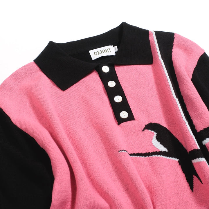 Men’s Retro Knit Shirt – Vintage Pink Button-Up Polo with Bird & Sunset Graphic