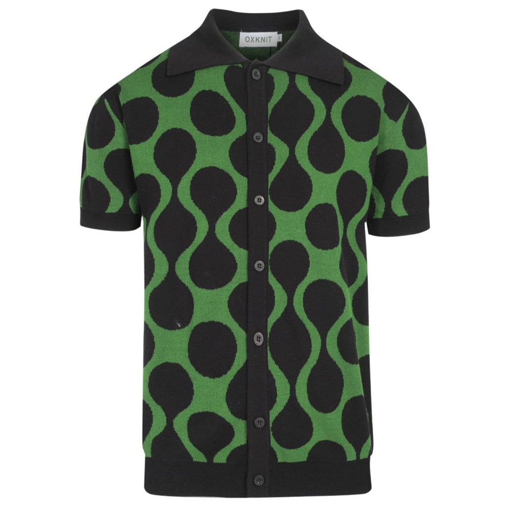 Chemise rétro en tricot pour homme – Noir vintage & Polo vert boutonné avec imprimé MOD Wave Dot