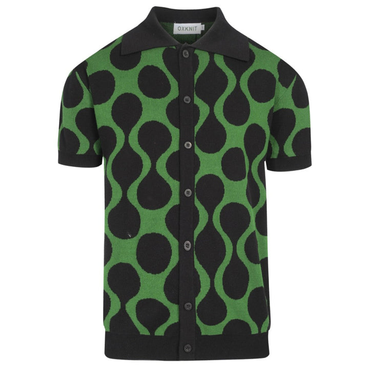 Men’s Retro Knit Shirt – Vintage Black & Green Button-Up Polo with MOD Wave Dot Print