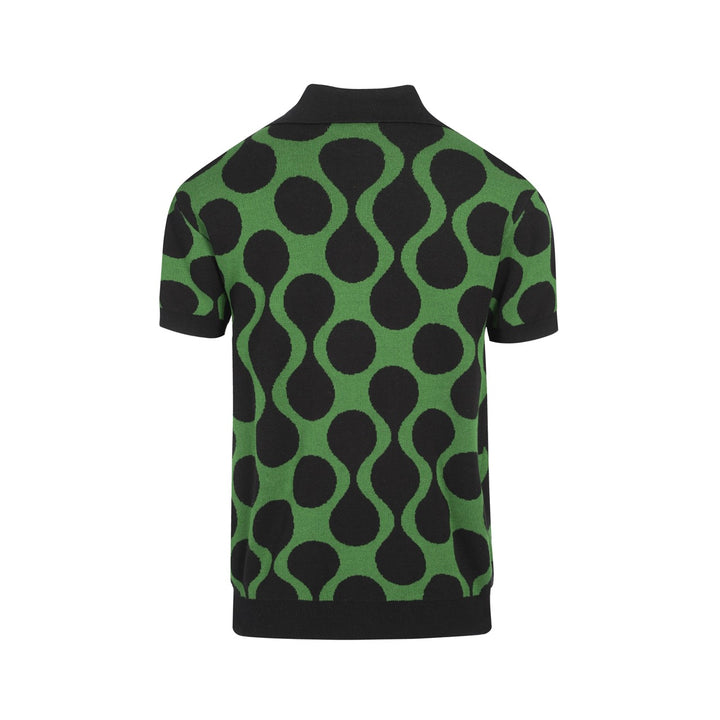 Men’s Retro Knit Shirt – Vintage Black & Green Button-Up Polo with MOD Wave Dot Print