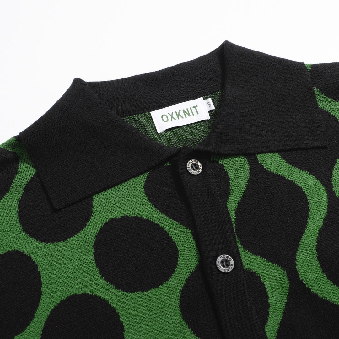 Chemise rétro en tricot pour homme – Noir vintage & Polo vert boutonné avec imprimé MOD Wave Dot