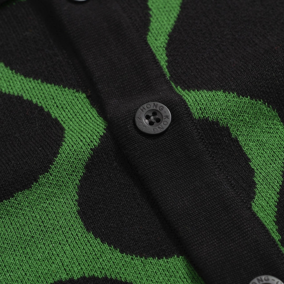 Chemise rétro en tricot pour homme – Noir vintage & Polo vert boutonné avec imprimé MOD Wave Dot