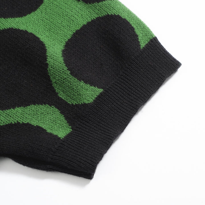 Men’s Retro Knit Shirt – Vintage Black & Green Button-Up Polo with MOD Wave Dot Print