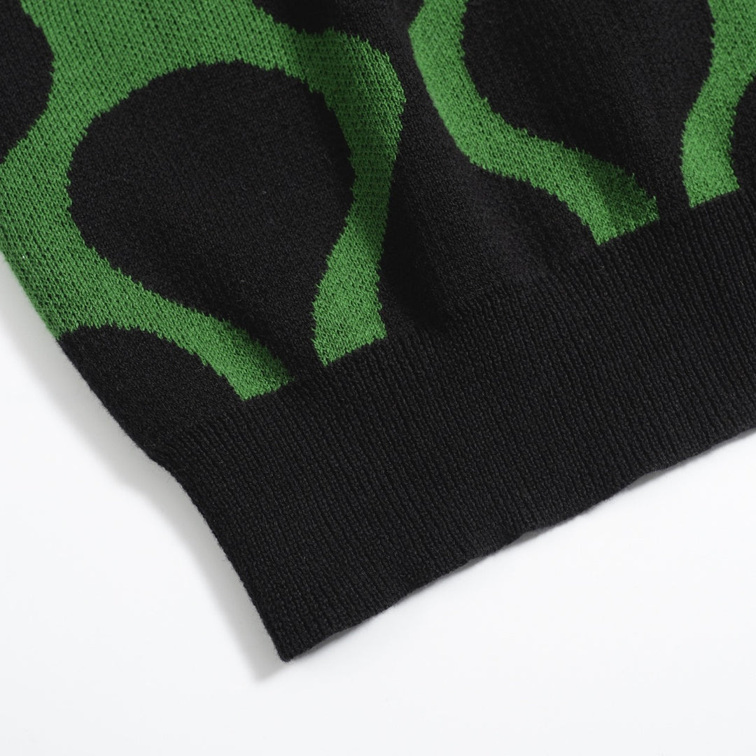 Chemise rétro en tricot pour homme – Noir vintage & Polo vert boutonné avec imprimé MOD Wave Dot