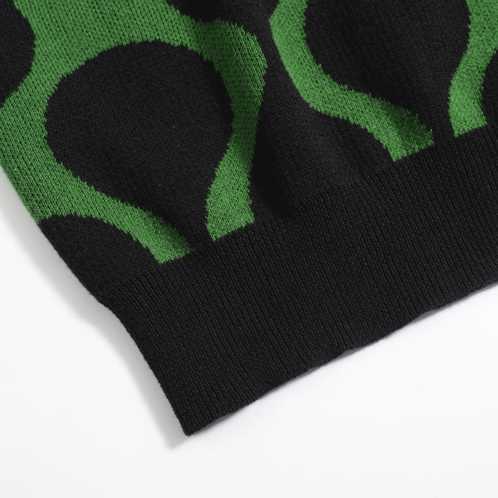 Men’s Retro Knit Shirt – Vintage Black & Green Button-Up Polo with MOD Wave Dot Print