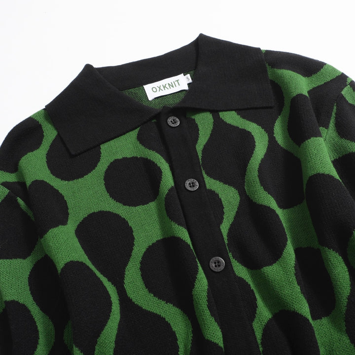 Men’s Retro Knit Shirt – Vintage Black & Green Button-Up Polo with MOD Wave Dot Print