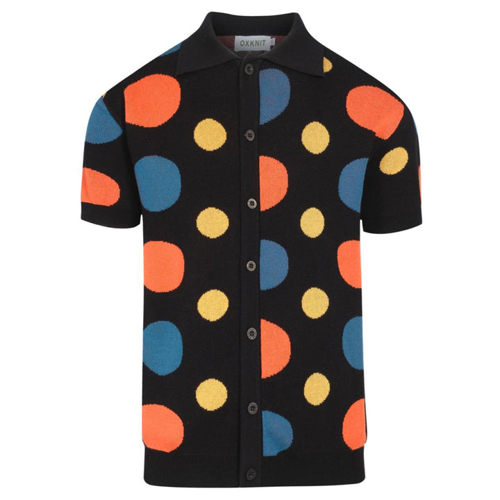 Men’s Retro Knit Shirt – Vintage Black Button-Up Polo with Colorful Polka Dot Print