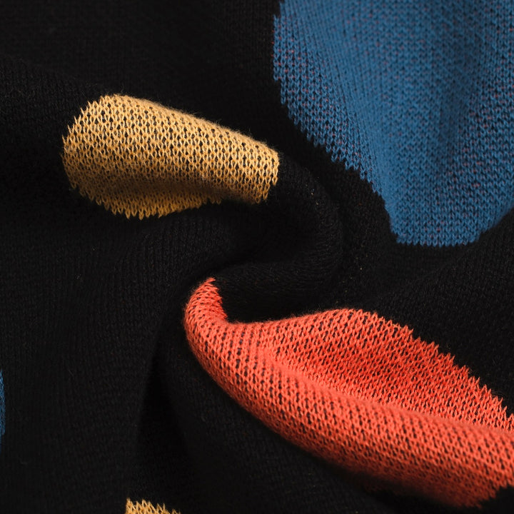 Men’s Retro Knit Shirt – Vintage Black Button-Up Polo with Colorful Polka Dot Print