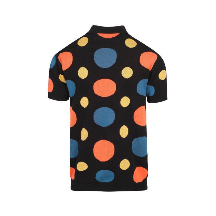 Men’s Retro Knit Shirt – Vintage Black Button-Up Polo with Colorful Polka Dot Print