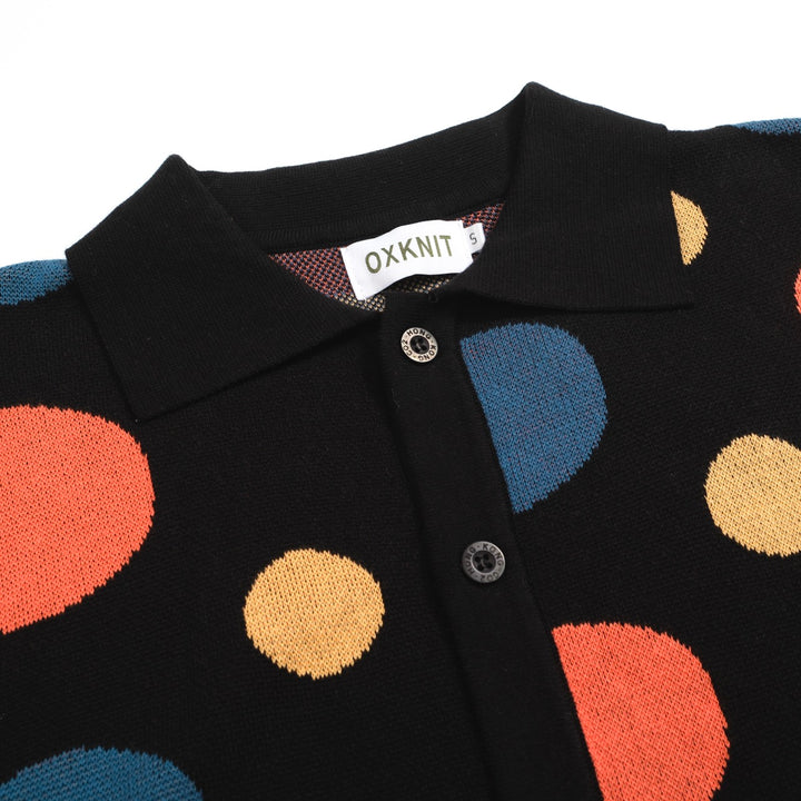Men’s Retro Knit Shirt – Vintage Black Button-Up Polo with Colorful Polka Dot Print