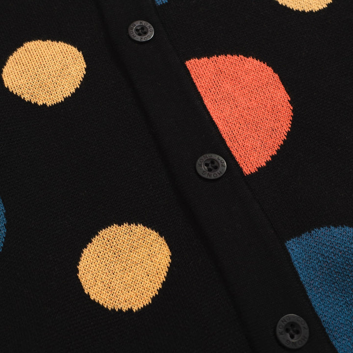 Men’s Retro Knit Shirt – Vintage Black Button-Up Polo with Colorful Polka Dot Print