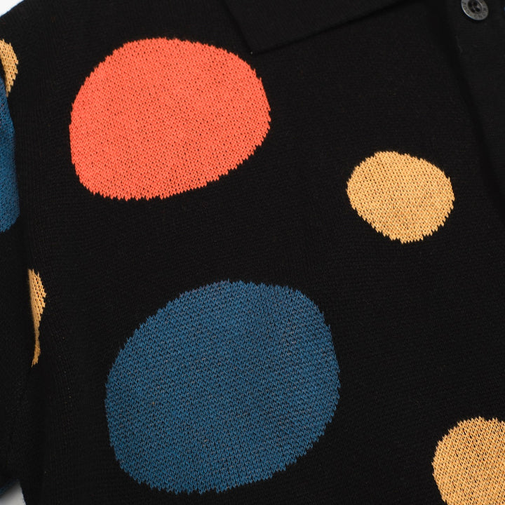 Men’s Retro Knit Shirt – Vintage Black Button-Up Polo with Colorful Polka Dot Print