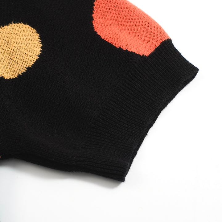 Men’s Retro Knit Shirt – Vintage Black Button-Up Polo with Colorful Polka Dot Print