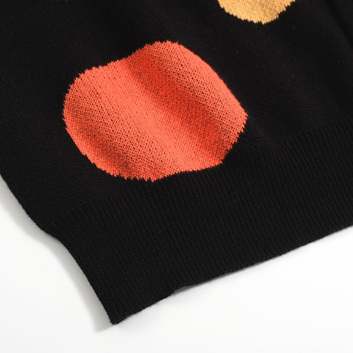 Men’s Retro Knit Shirt – Vintage Black Button-Up Polo with Colorful Polka Dot Print