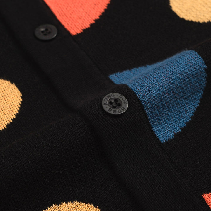 Men’s Retro Knit Shirt – Vintage Black Button-Up Polo with Colorful Polka Dot Print