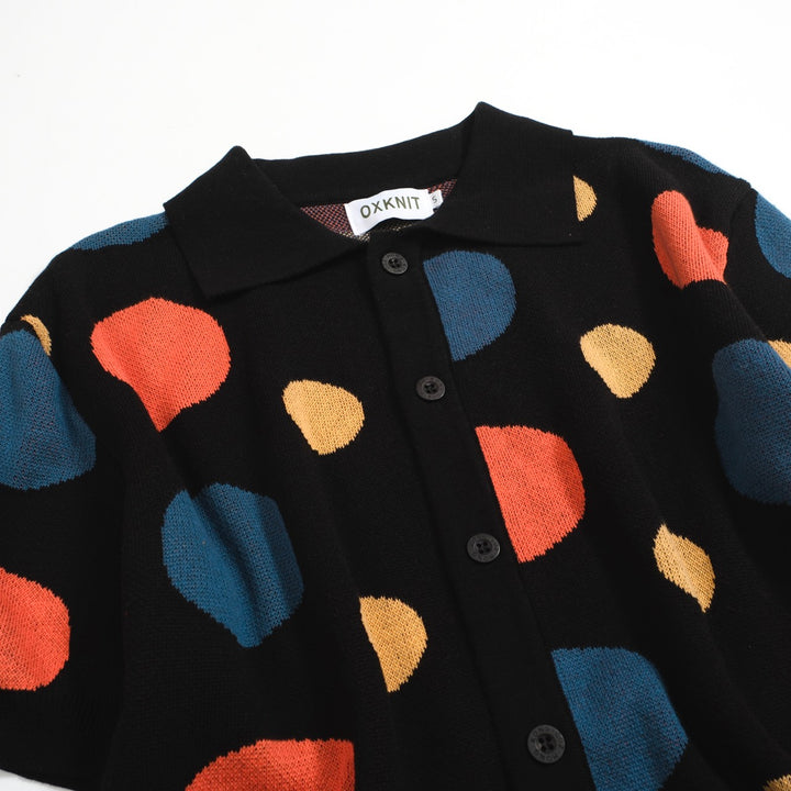 Men’s Retro Knit Shirt – Vintage Black Button-Up Polo with Colorful Polka Dot Print