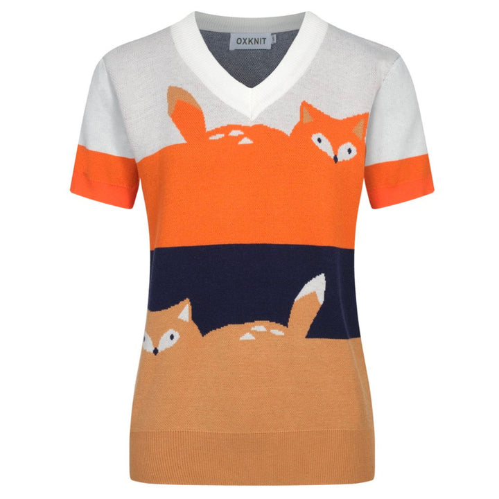 Women's color-matched fox jacquard V-neck knitwear